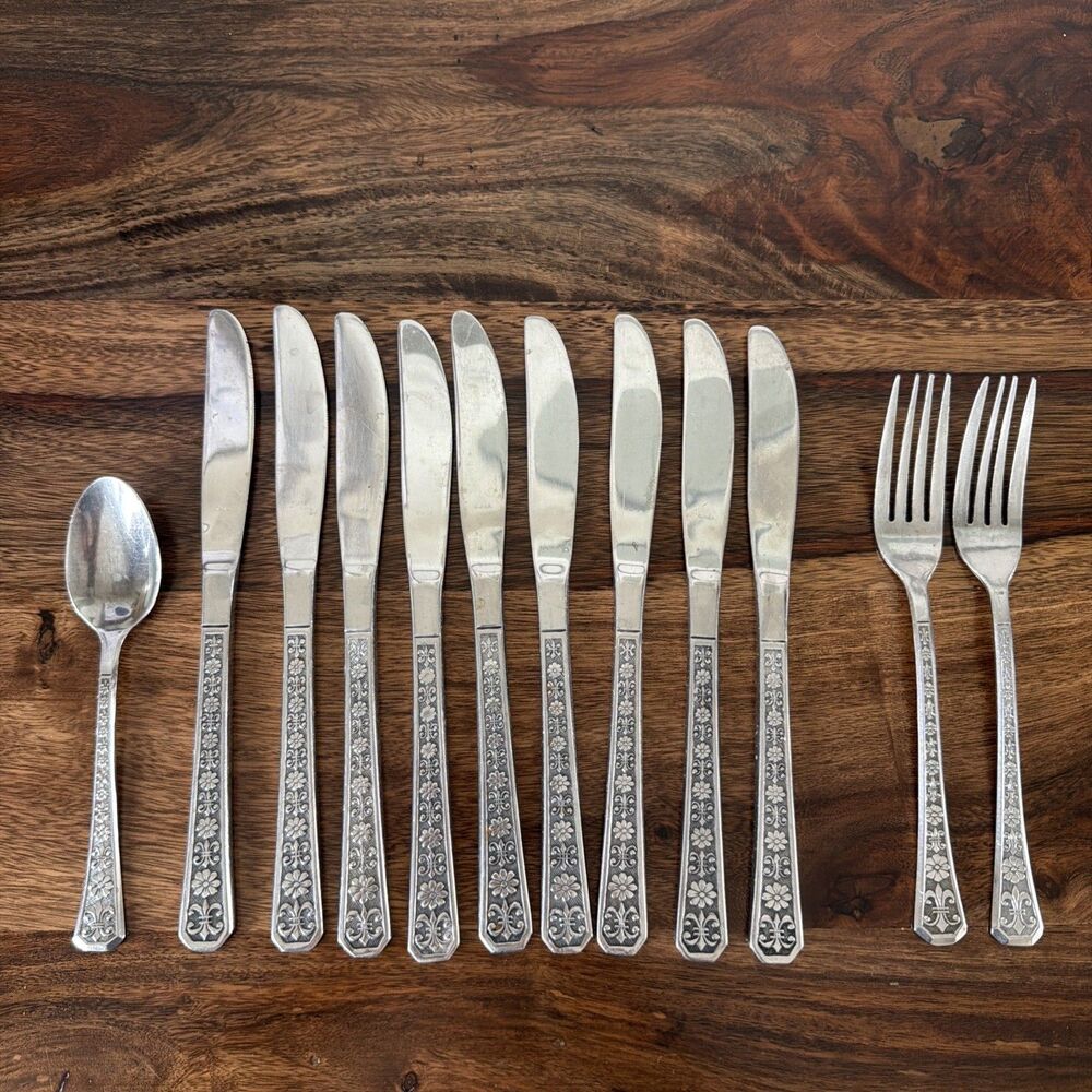 Vintage Stainless Flatware Interpur Florenze 9 Dinner Knives 1 Spoon 2 Forks